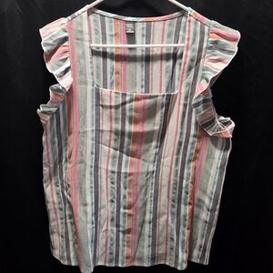 Emery Rose XL Colorful Striped Ruffle Sleeve Square Neck Pocket Blouse Top